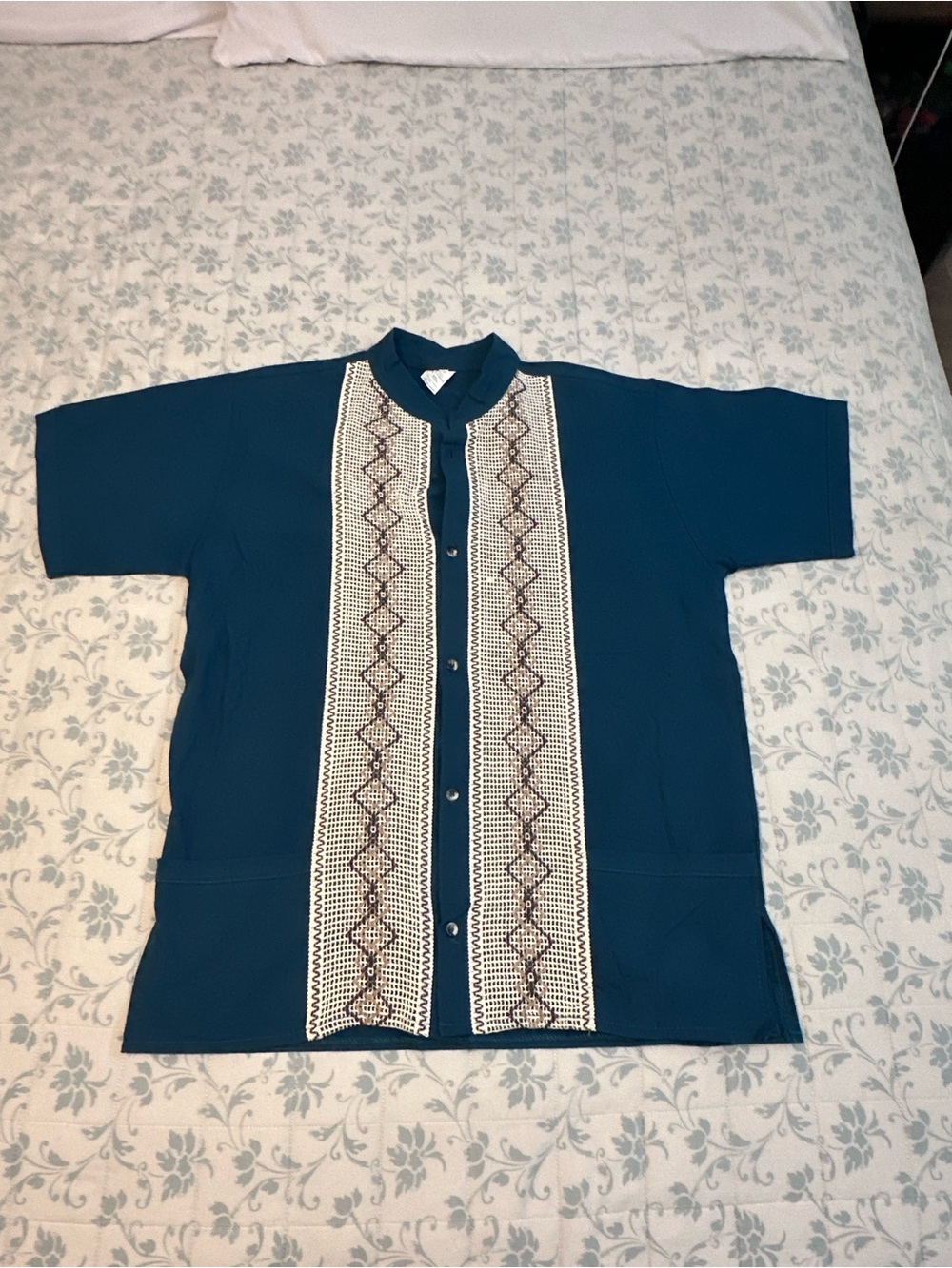 Embroidered Front Panel Teal Button-Up Shirt